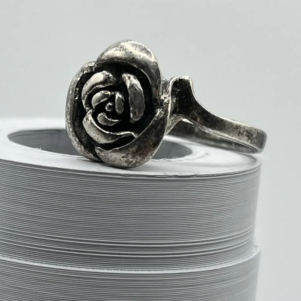Oxidized Silver 925 Rose Flower Ring Handcrafted Sterling Silver Rose Ring Vntg